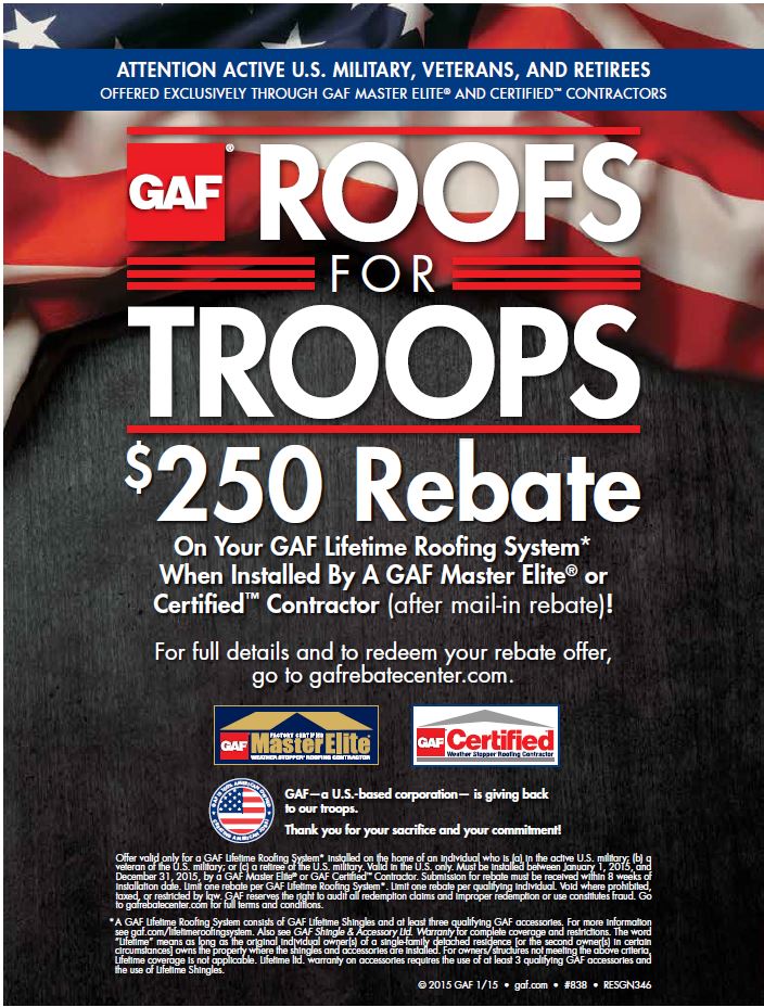 Roofs for Troops $250 Rebate roofing promotion
